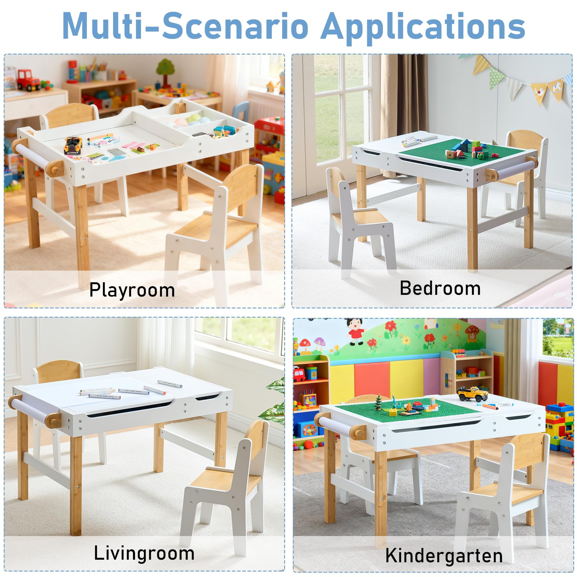 Kids Activity Table with Storage, 3 in 1 Kids Table Compatible with Lego Building Block for Boys Girls, Wooden Desk Reversible Tabletop for Toddler Arts,Drawing, Reading