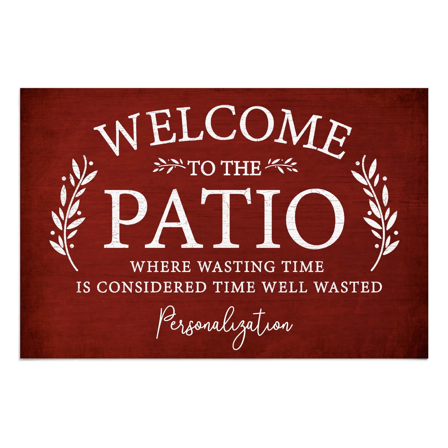 Personalized Planet 27x18 Welcome To The Patio Where Wasting Time is Considered Time Well Wasted Doormat with Custom Name Printed on Red Rectangular 1/4” Thick Non Slip Mat
