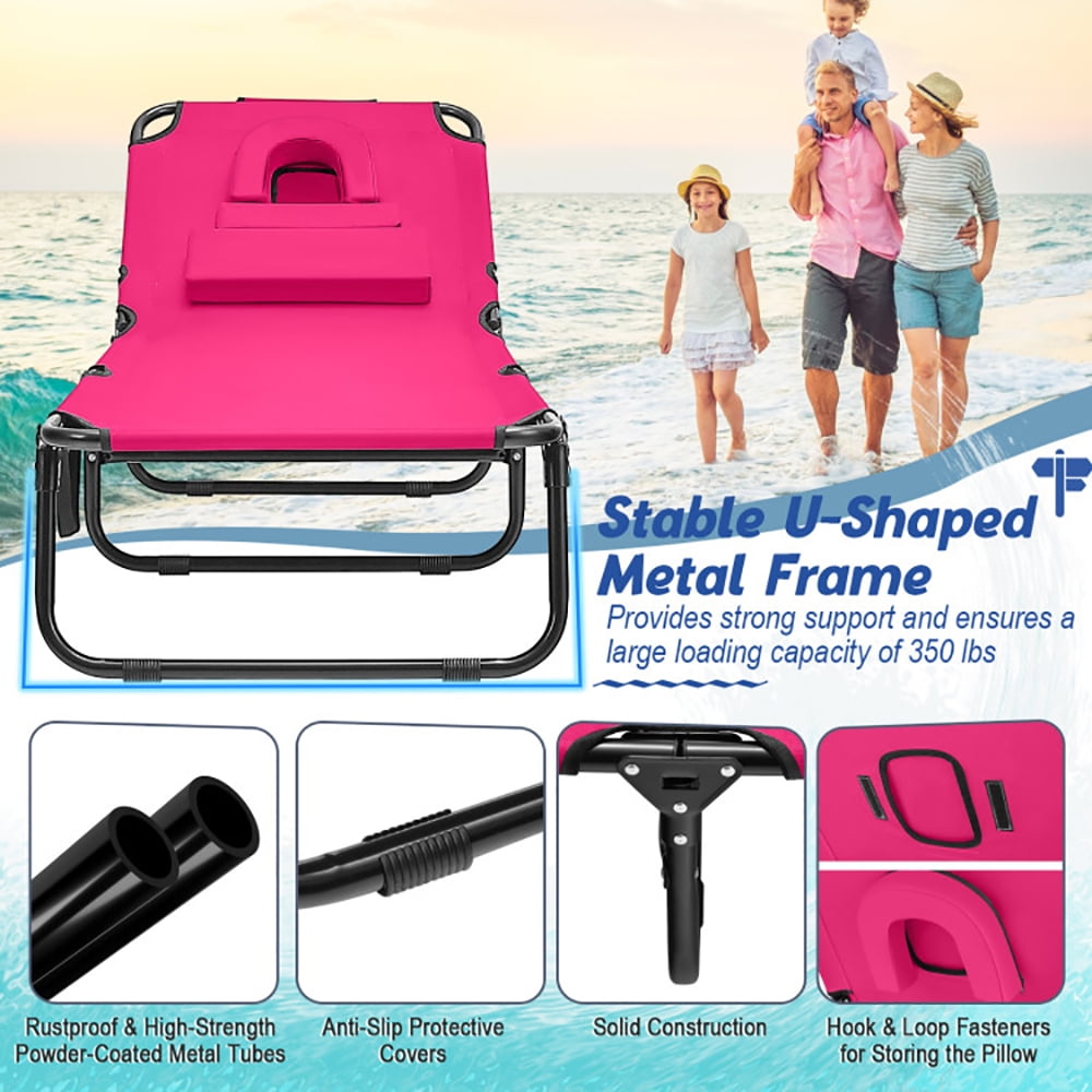 Aimee Lii Beach Chaise Lounge Chair with Face Hole and Removable Pillow, Patio Loungers, Pink Aimee Lii Beach Chaise Lounge Chair with Face Hole and Removable Pillow, Patio Loungers, Pink