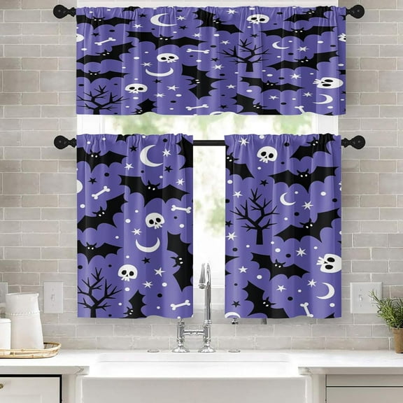 Halloween Kitchen Curtains Window Curtains and Valances Set 36 Inch, Bats Moons Skulls and Trees Short Tier Curtain for Kitchen, Cartoon Spooky Small Kitchen Decor