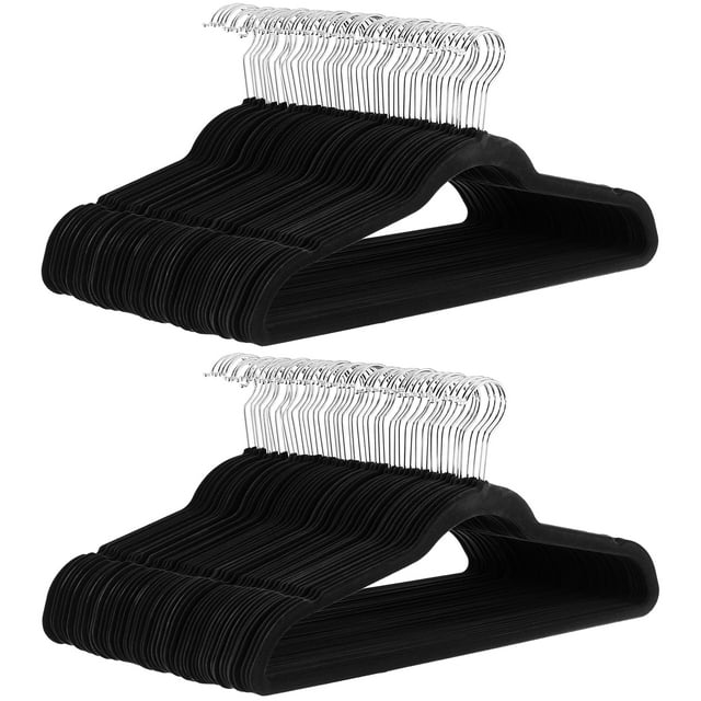 Ganchos de terciopelo delgados, antideslizantes, paquete de 100 unidades, color negro y plateado