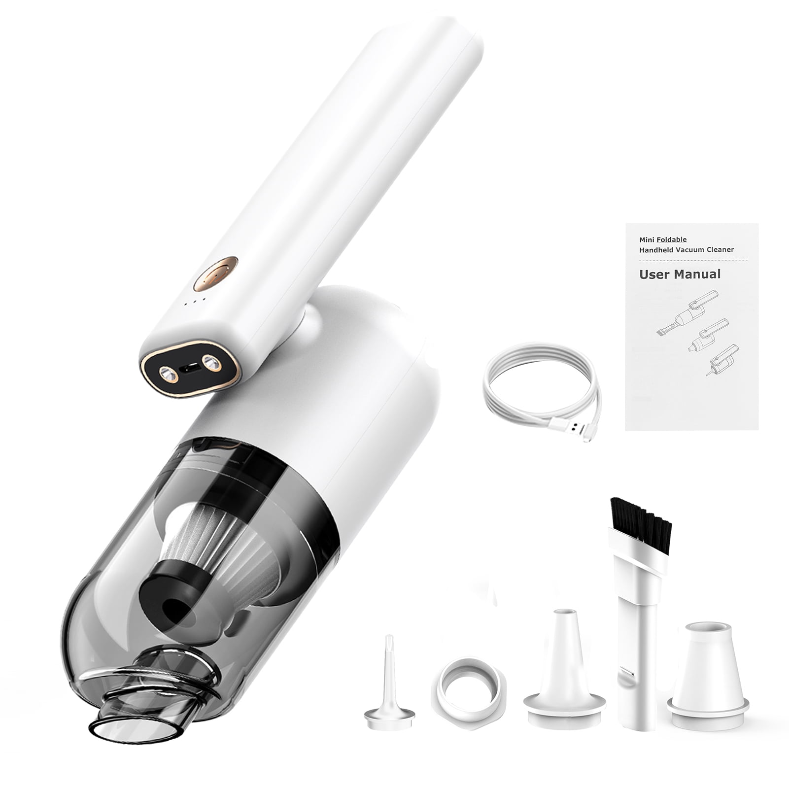 Riousery Handheld Car Vacuum Cleaner White, 50W High Power Cordless Vacuum with 180° Foldable Handle and LED, Portable Rechargeable Small Vacuum for Travel and RV (7.1 x 6.3 in / 18 x 16 cm)
