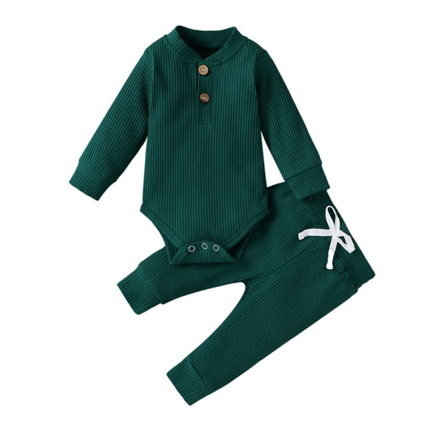 Mameluco de manga larga de algodón de punto acanalado para bebé recién nacido, pantalones largos, trajes de color sólido (verde)