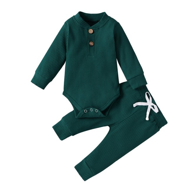 Laklulu Bebé Recién Nacido Mameluco De Manga Larga De Algodón De Punto Acanalado Pantalones Largos Trajes De Color Sólido (Verde),90cm