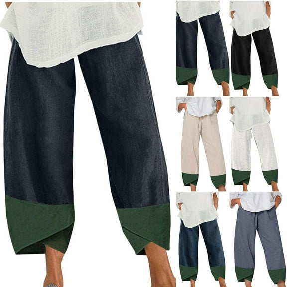QATAINLAV Cotton Linen Pants for Women Summer Casual Elastic Waist Capri Pants Fashion Color Block Tulip Hem Wide Leg Cropped Pants with Pockets Black XXL Sales Prime