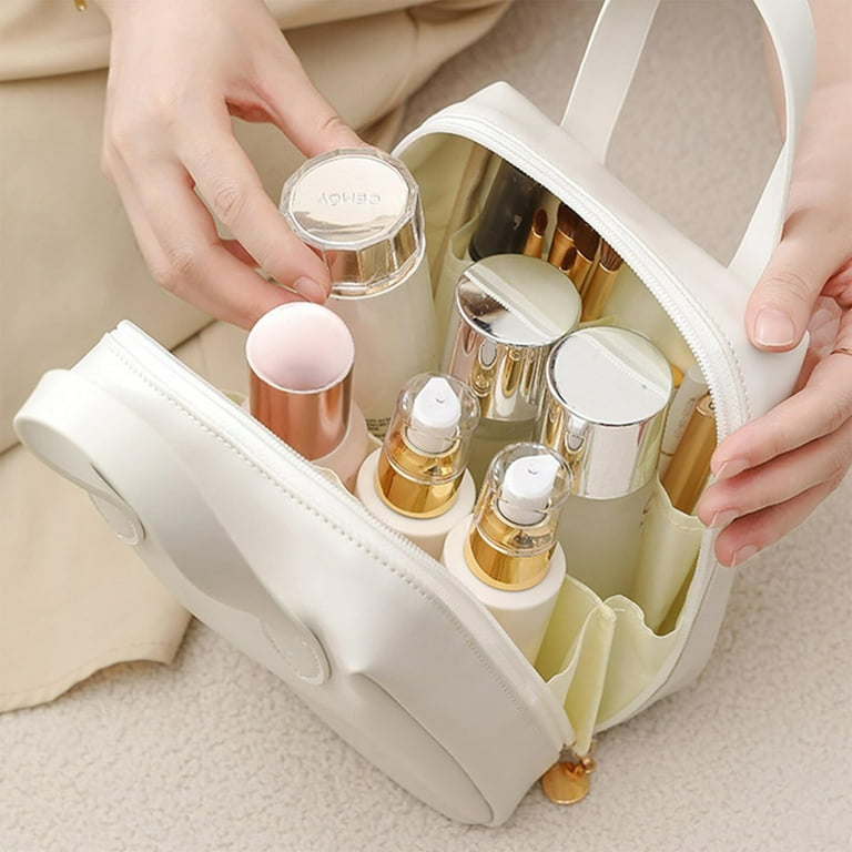 Premium Makeup Bag Open Flat Cosmetic Bag Large Capacity Travel Cosmetic Bag Makeup Organiser Bag Women Travel or Daily Use Pink