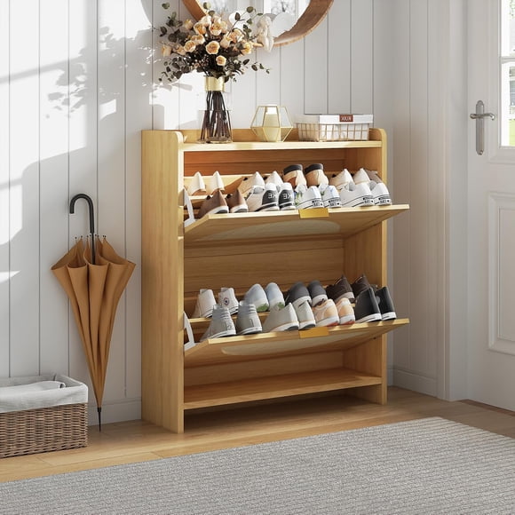 Wooden Shoe Cabinet with Rattan Doors, Flip Drawer Shoe Storage Cabinet with Adjustable Shelves, Narrow Hidden Entryway Shoe Cabinet for Hallway or Bedroom