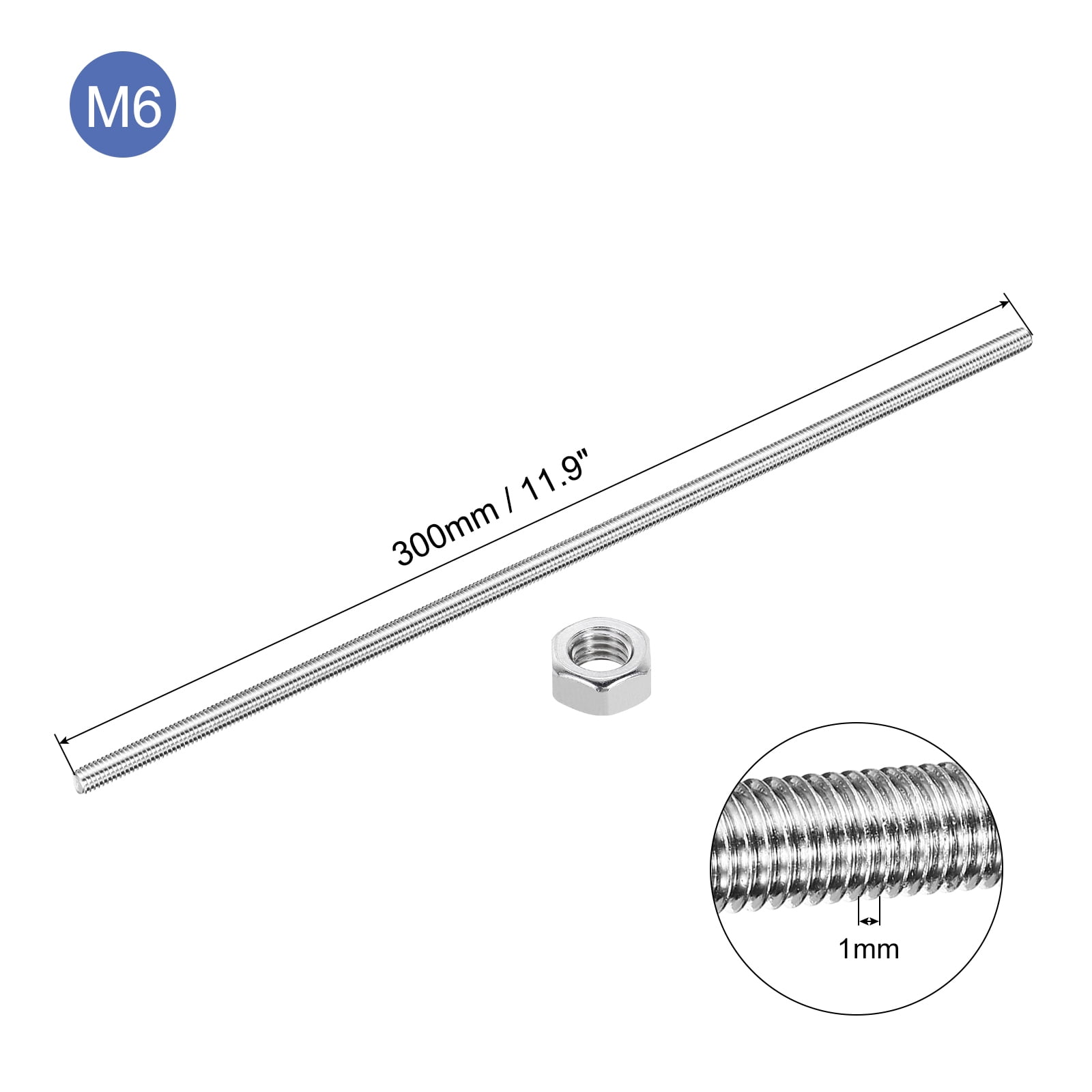 5Pack M6 x 300mm Fully Threaded Rod with 10 Pack Hex Nuts, 1.25mm Thread Pitch 304 Stainless Steel