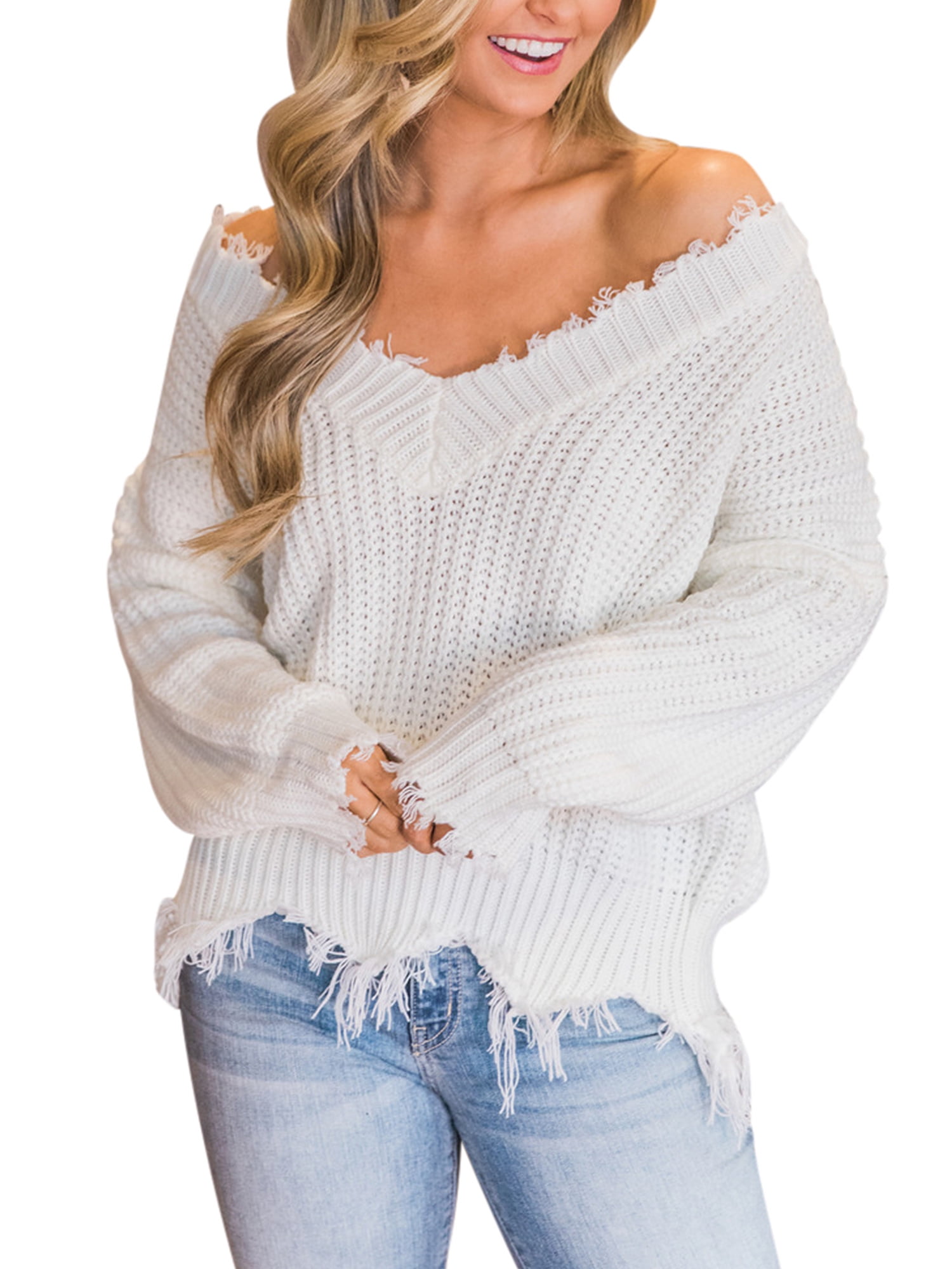Women Loose Knitted Sweater Long Sleeve V-Neck Ripped Pullover Sweaters  Crop Top Knit Jumper Ladies Solid Casual Loose Pullover Sweatshirt T-Shirt  Tops - Walmart.com
