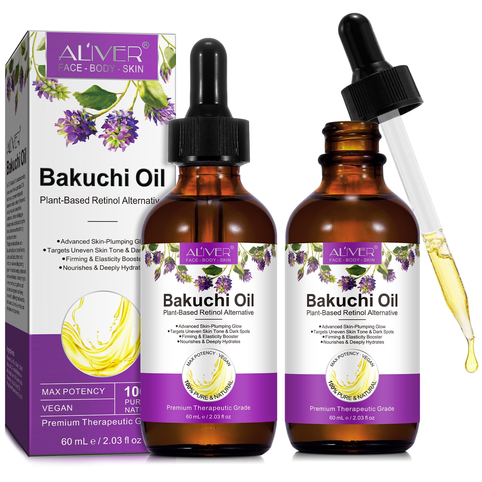Bakuchiol Face Oil 2-Pack, Retinol Alternative Facial Oil with Rosehip Oil, Jojoba Oil & Sea Buckthorn Oil for Dry, Dull-Looking Skin, 60 mL Each