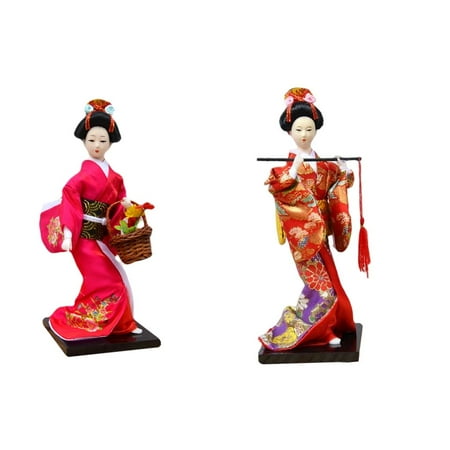 Axioma 2Pcs Japanese Kimono Geisha Doll, Collectible Resin National Style for Bookshelf Red Flute Rose