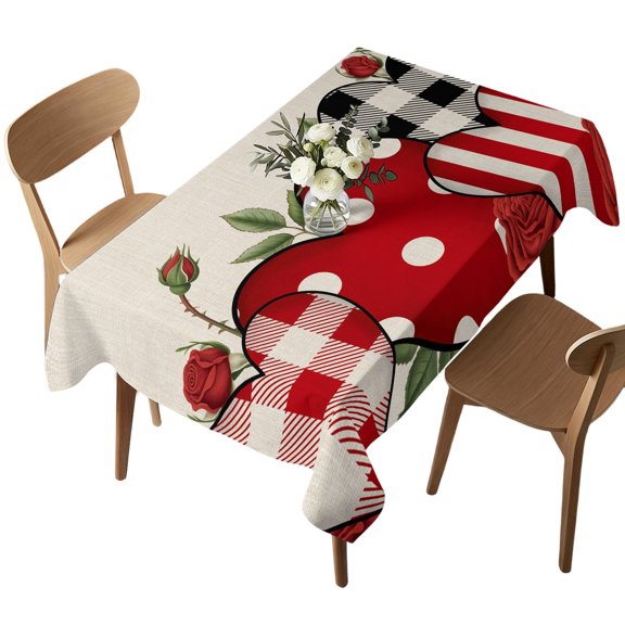 Rectangle Tablecloth, Valentine's Day Heart Rose Flower Waterproof Table Cloth 52x70 in Polka Dots Plaid Washable Spillproof Table Cover for Kitchen Dining Party Decor Outdoor Camping