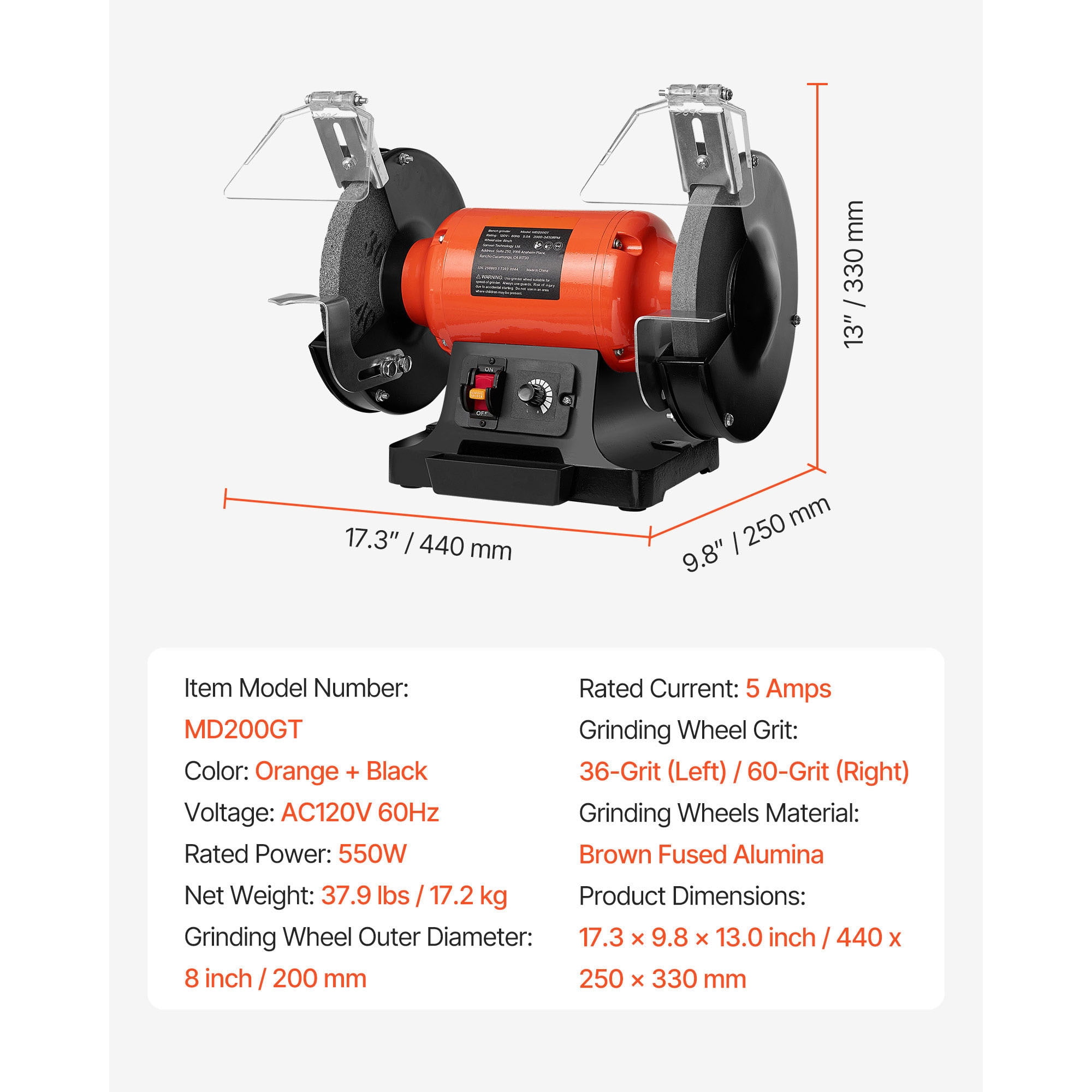 KFFKFF 8-Inch Variable Speed Bench Grinder, 2000-3450RPM Table Grinder with 550W Induction Motor, 36/60-Grit Grinding Wheels & Adjustable Eye Shield for Sharpening and Grinding Tasks