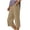 *131-Khaki, variant on Womens Solid Color Cotton Blend Capri Pants Elastic Waist Split Hem Pants with Button Detail and Pockets