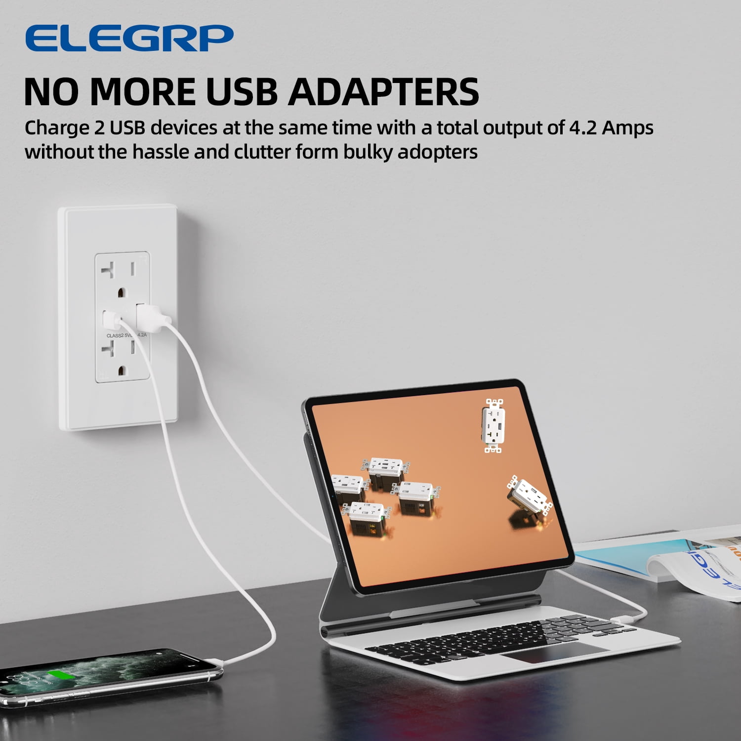 ELEGRP USB Outlet Receptacle, 21W 4.2A USB Electrical Outlet, USB C Wall Outlet, 20 Amp Duplex Tamper Resistant Outlet with Type A & Type C Ports, Wall Plate Included, UL Listed, White