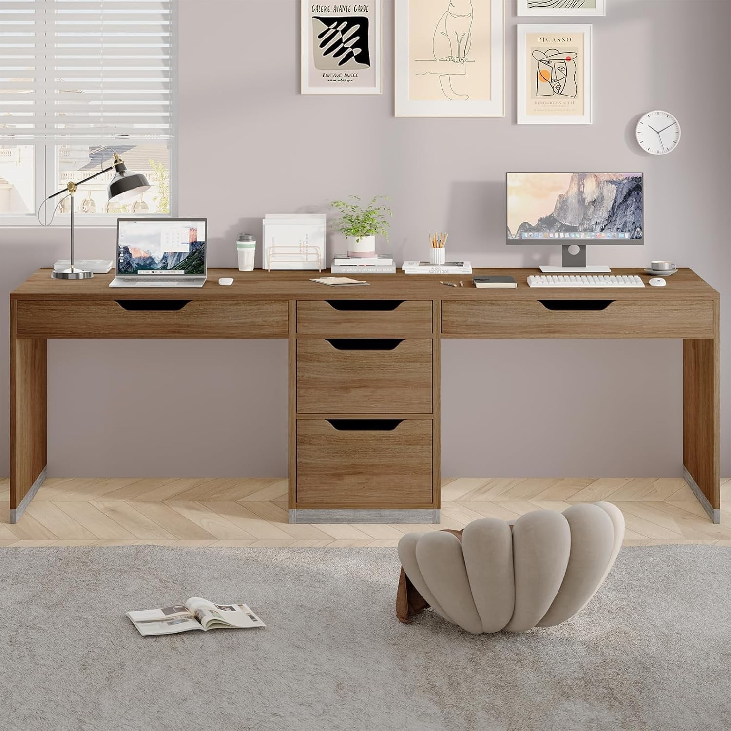 DreamCurship 78 inch Two Person Desk with 5 Drawers, Computer Desk with Storage for 2 People, Home Office Workstation Desk, Modern Writing Table, Brown