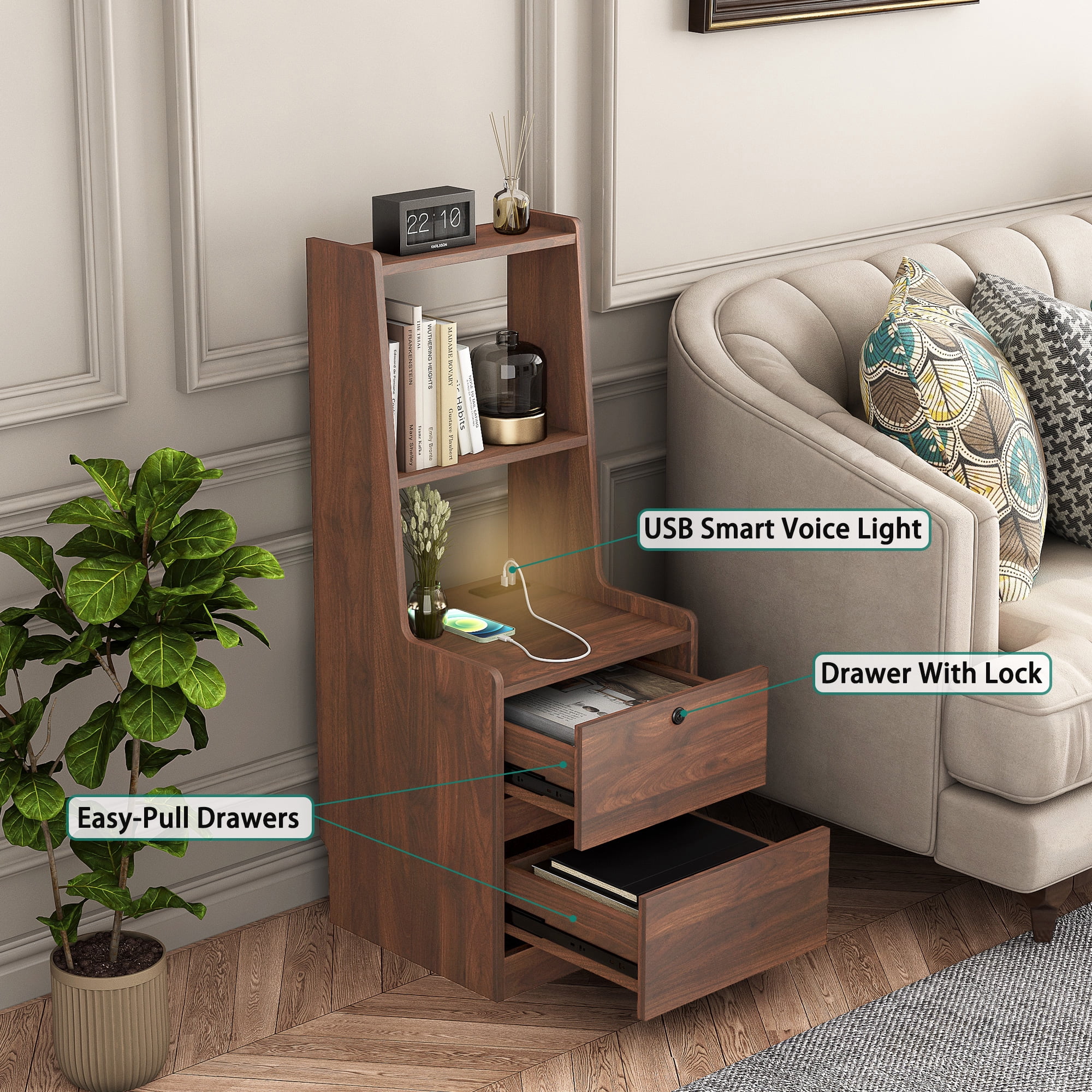 Mintazer 41"Tall Nightstand with Lockable Drawer & Charging Station, Modern Bedside Tables with Bookshelf & Night Light for Small Bedroom Corner, Brown