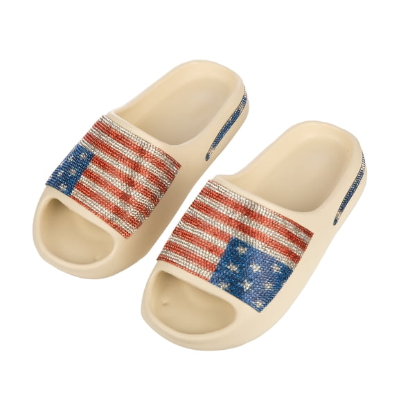 4th of July Rhinestone American Flag Women's Non-Slip White Cloud Slides-6
