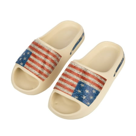

4th of July Rhinestone American Flag Women s Non-Slip White Cloud Slides-8