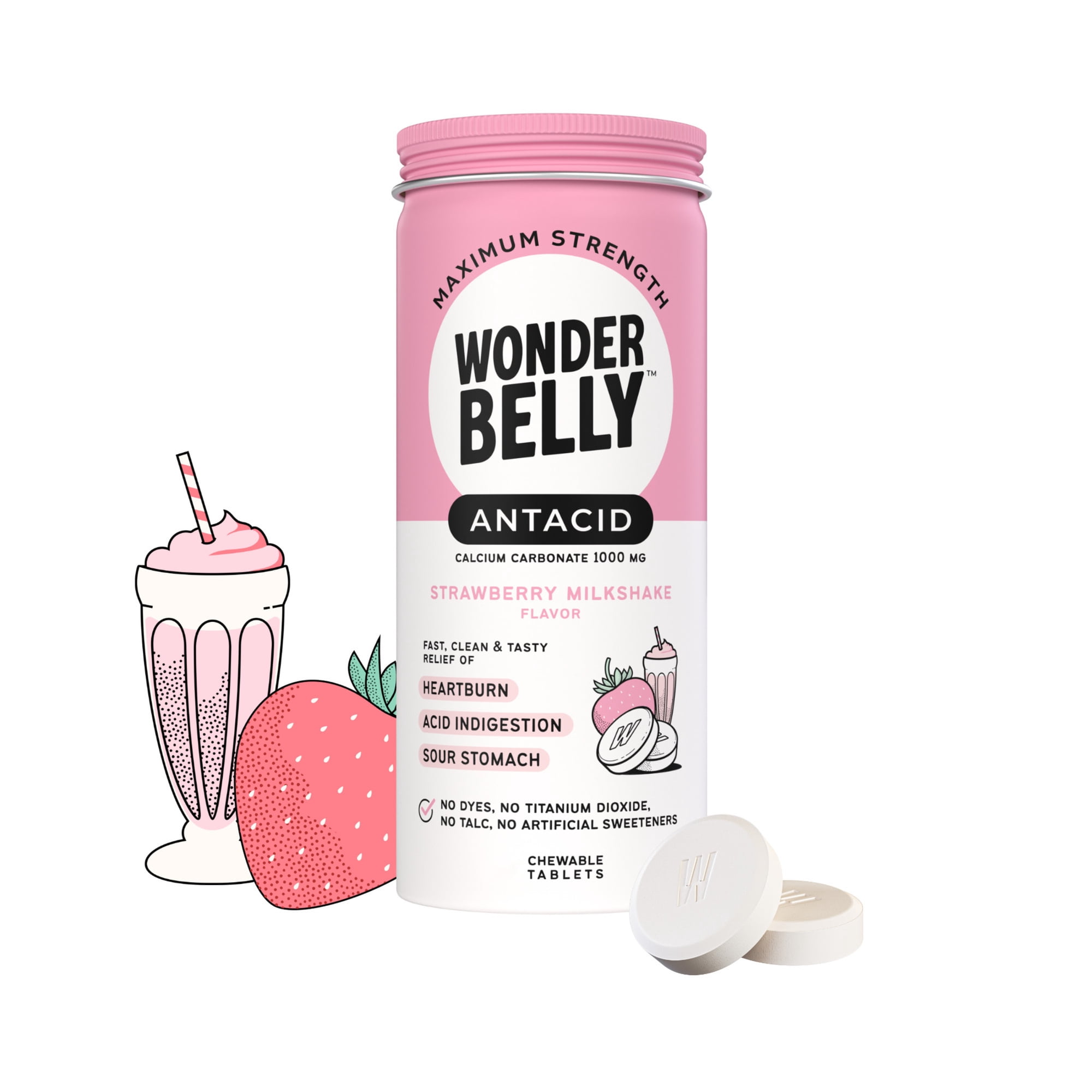 Wonderbelly Antacid Tablets for Heartburn Relief, Strawberry Milkshake Flavor, 60 Chewable Tablets