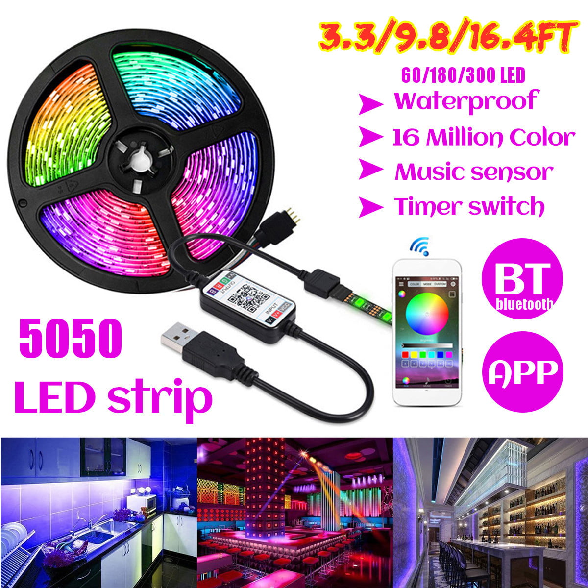 5/10/20M LED Strip Light 3528 5050 SMD RGB 60Leds/m Waterproof IR Controller 12V 