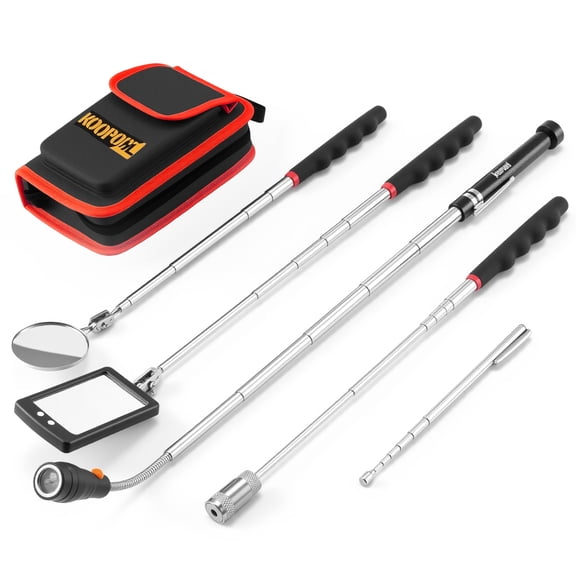 KOOPOOL Telescoping Magnetic Pickup Tool Set, Inspection Mirror, LED Flashlight, Red, 5-Pack, Cool Gadgets for Men, Gifts for Him