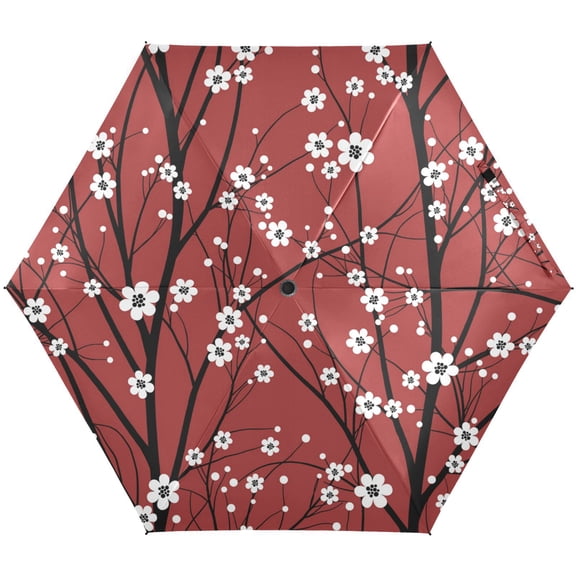 JSTEL Cherry Blossom Floral Red Folding Umbrella for Rain Sun Travel Mini Lightweight Compact Umbrellas