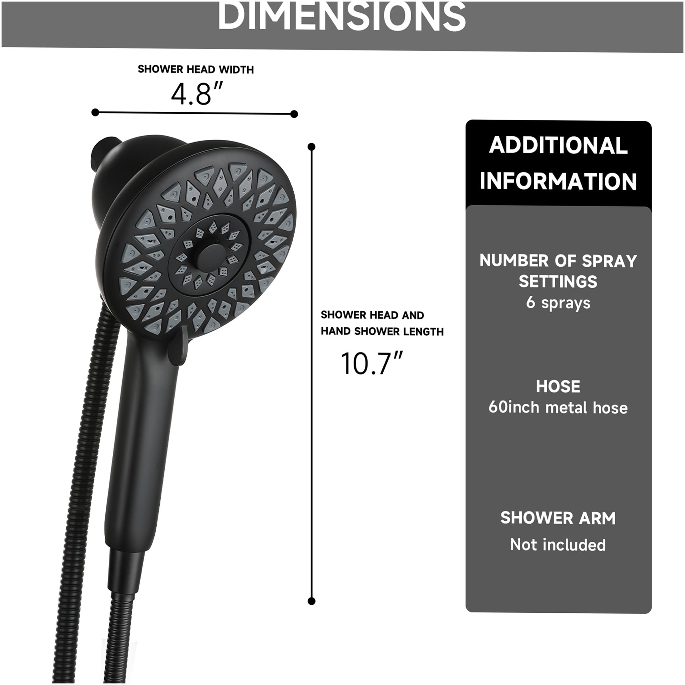 JERFIT Magnetic Handheld Shower Head with 6 Spray Modes, High Pressure Rain Shower Head with 60" Stainless Steel Hose, Matte Black ABS Wall Mount Showerhead for Bathroom