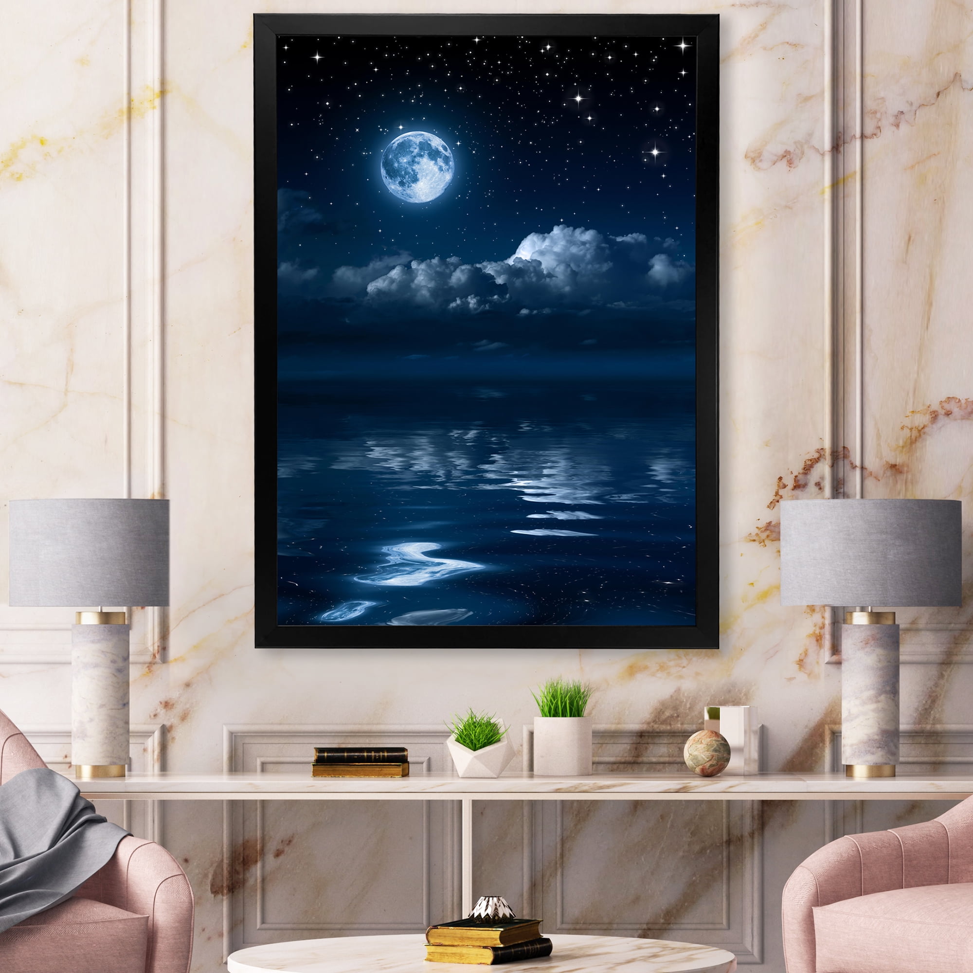 Designart 'Full Moon Night in Cloudy Sky I' Nautical & Coastal Framed Art Print