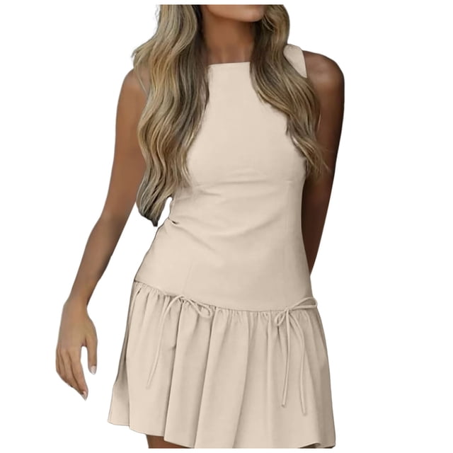 Vestido mini sin mangas con pliegues y corte en A para mujer - Cuello redondo con lazo y cremallera en la espalda - Poliéster - XS-L