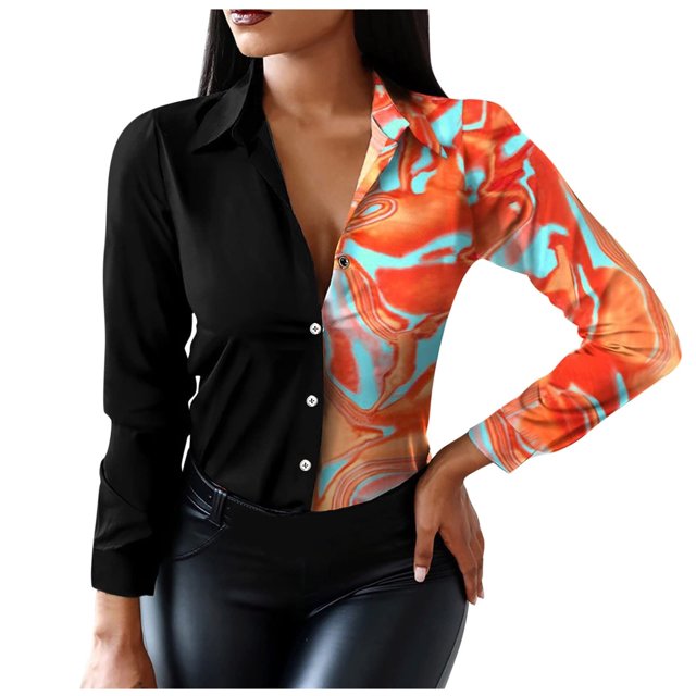 IROINID Clearance Womens Long Sleeve V-Neck Shirts Shirts For Button Down Floral Graphic Contrast Color Novelty Fall Blouses,Orange