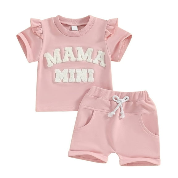 THDHVS Girls Summer Outfits,Summer Casual 2 Piece Sets for Kids,Girls 2 Piece Outfits Short Sleeve T Shirt and Drawstring Shorts Summer Clothing Sets Pink 3-6 Months