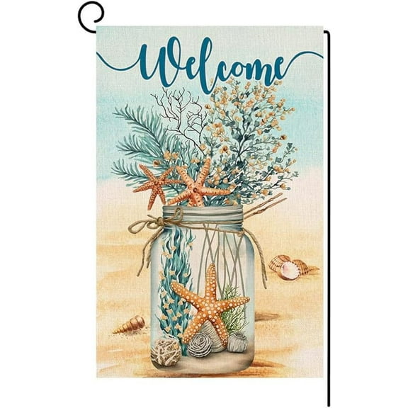 Summer Beach Garden Flag 12x18 Vertical Double Sided for Outside, Starfish Coastal Burlap Yard Flag for Outdoor Decorations BW324