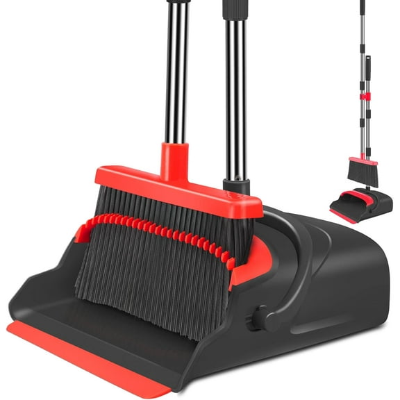 Upgrade Broom and Dustpan Set, TAIMASI Broom with Dustpan Combo with 52" Long Adjustable Handle, Ideal for Indoor Outdoor Garage Kitchen Room Office Lobby Use (Black&Red)