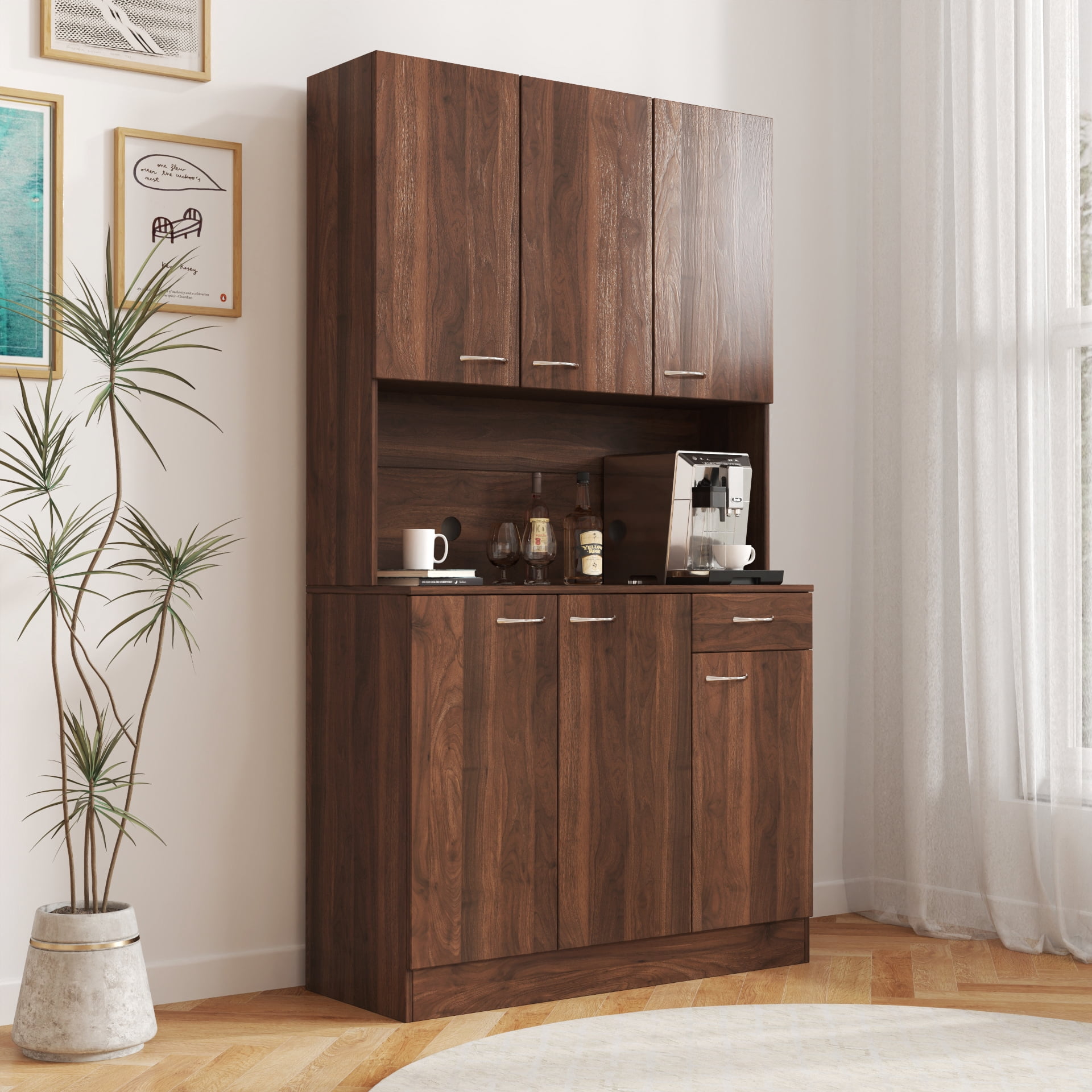 Mintazer 70.8" Tall Kitchen Pantry Cabinet with Open Shelf, Freestanding Food Storage Cabinet with Drawer & 6 Doors for Hallway Living Room Kitchen, Walnut