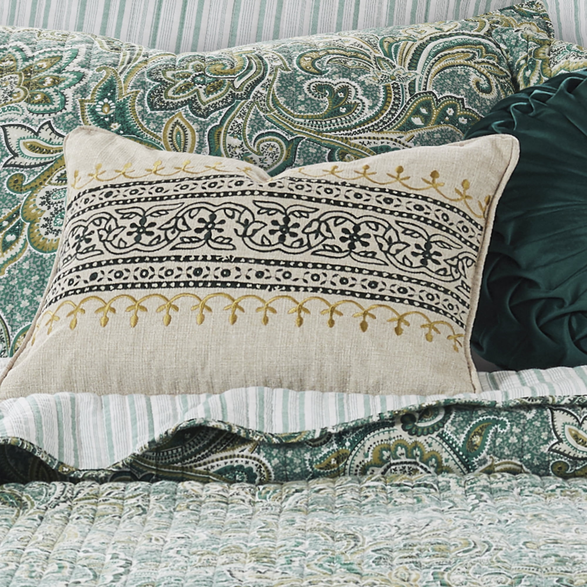 Levtex Home - Kimpton Green - Decorative Pillow (18 x 12in.) - Green Embroidered Filigree Design on Cream - Cream with Green and Gold