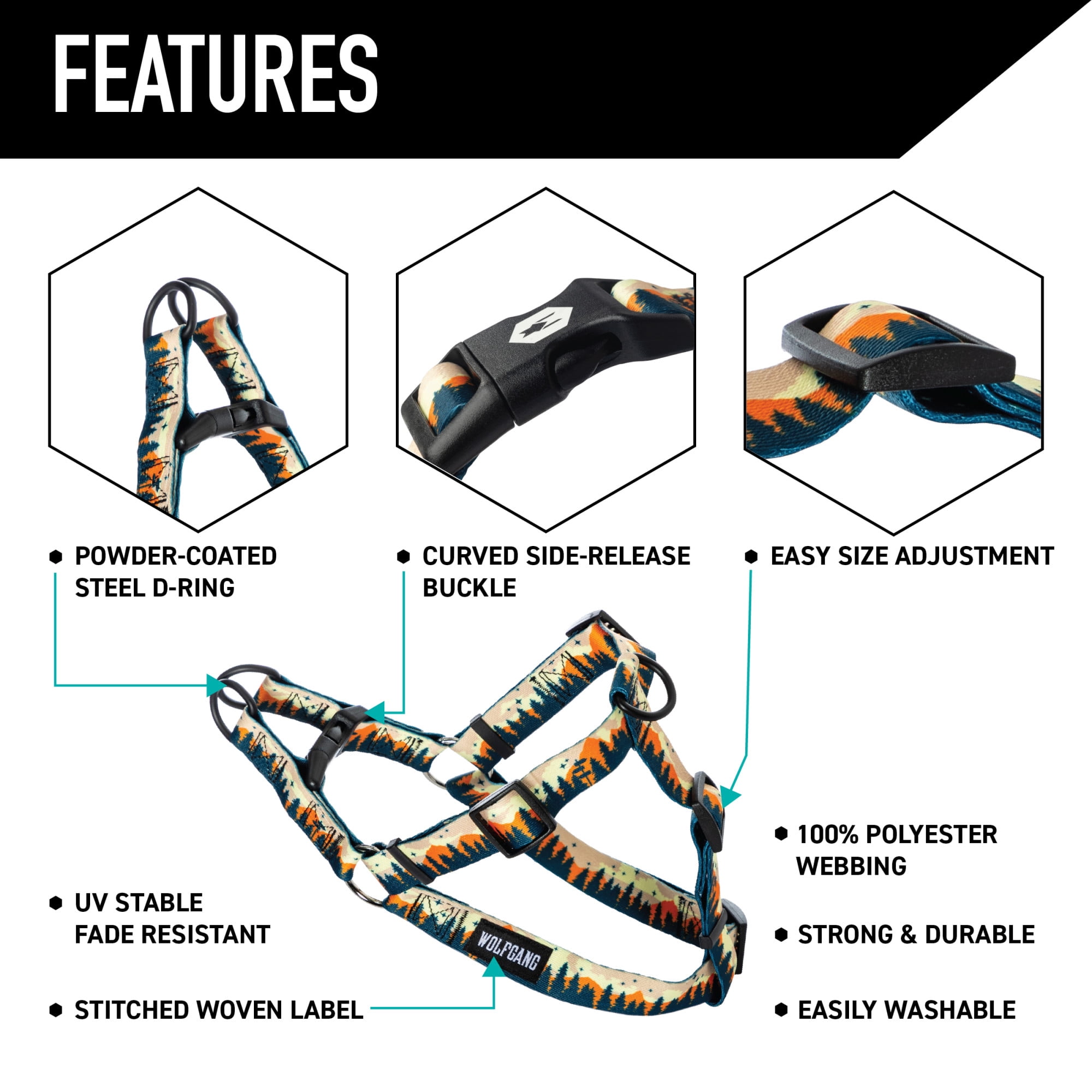 Wolfgang Heavy Duty Adjustable Dog Harness, Pull-Tested to Over 800 lbs for Walking & Training, Overland Print, X-Large