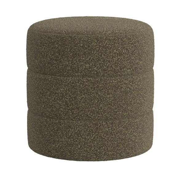Benjara Sem Round Accent Ottoman- Dark Brown Channel Stitched Boucle 18 Inch