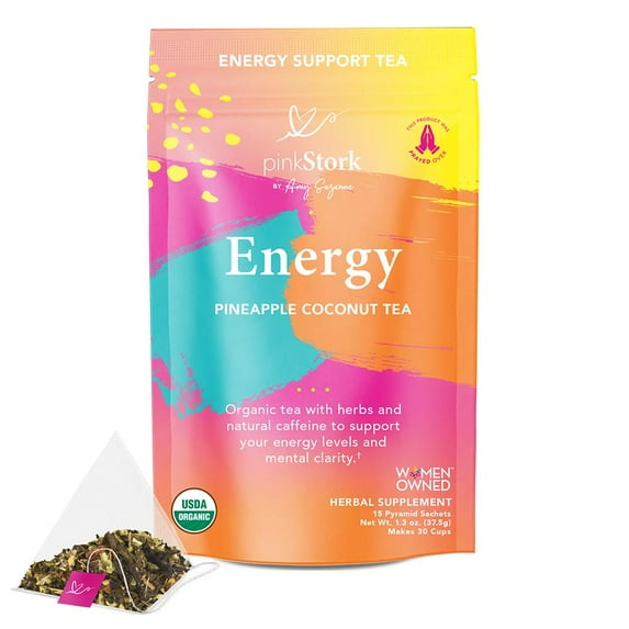Pink Stork Energy Tea: Organic Energy Drink Alternative, Natural Caffeine from Green Tea, Astragalus + Nettle Tea, Women-Owned, Pineapple Coconut, 30 Cups