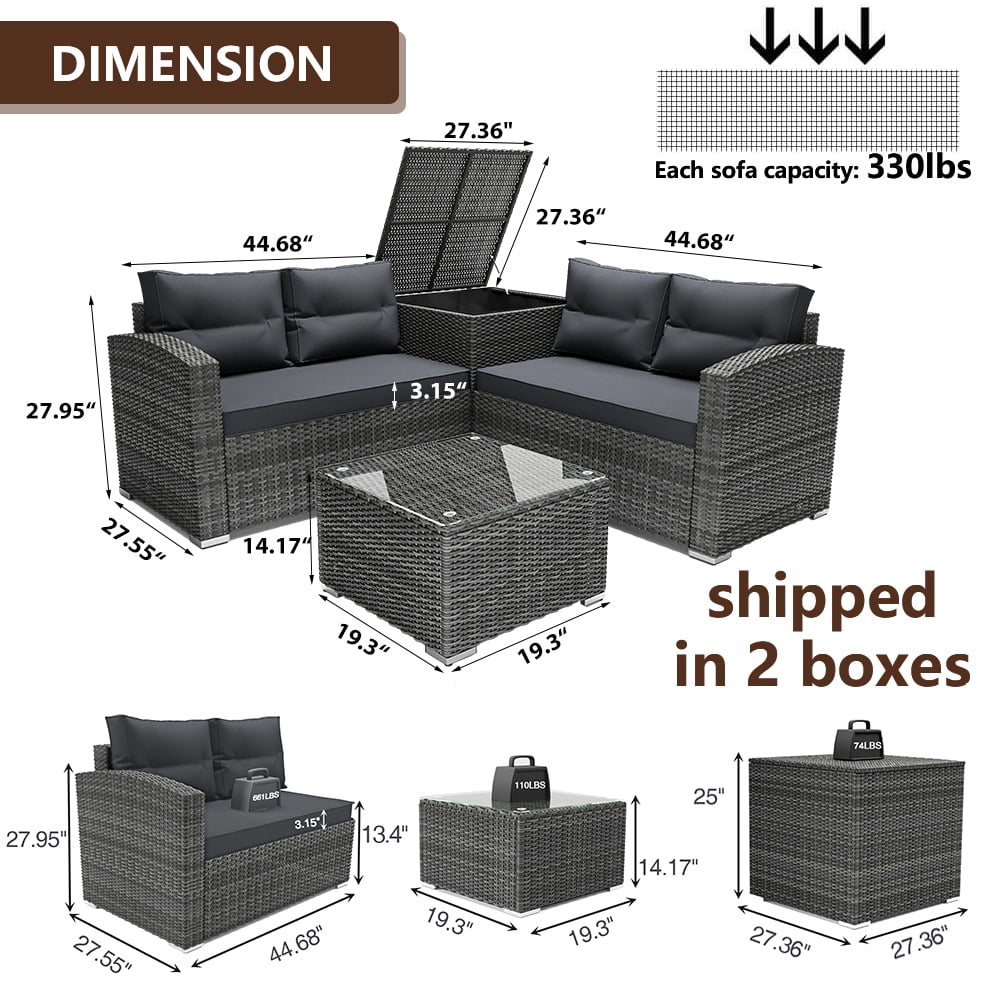 SEGMART 4 Piece Patio Furniture Set, All-Weather Outdoor Sectional Sofa Set, PE Rattan Conversation Set with Storage Box, Table & Cushions, Wicker Furniture Couch Set for Patio Deck Garden