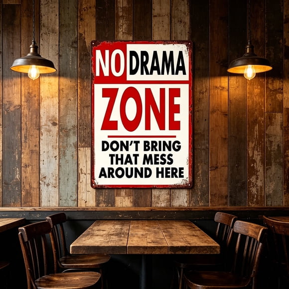Funny Metal Tin Wall Sign Vintage Style “No Drama Don’t Bring That Mess Here”, Sarcastic Quote Home Office Door Decor, 20 x 30 cm, Pre-Drilled