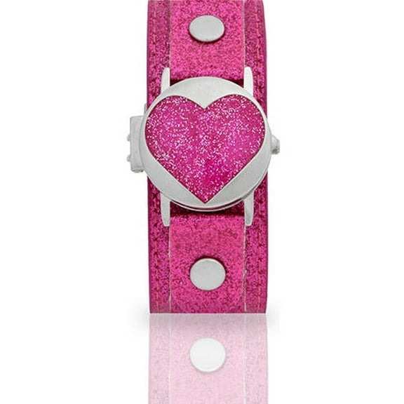 Tween Pink Heart Printed Face Locket-Style Watch, Pink Leather-Look Band