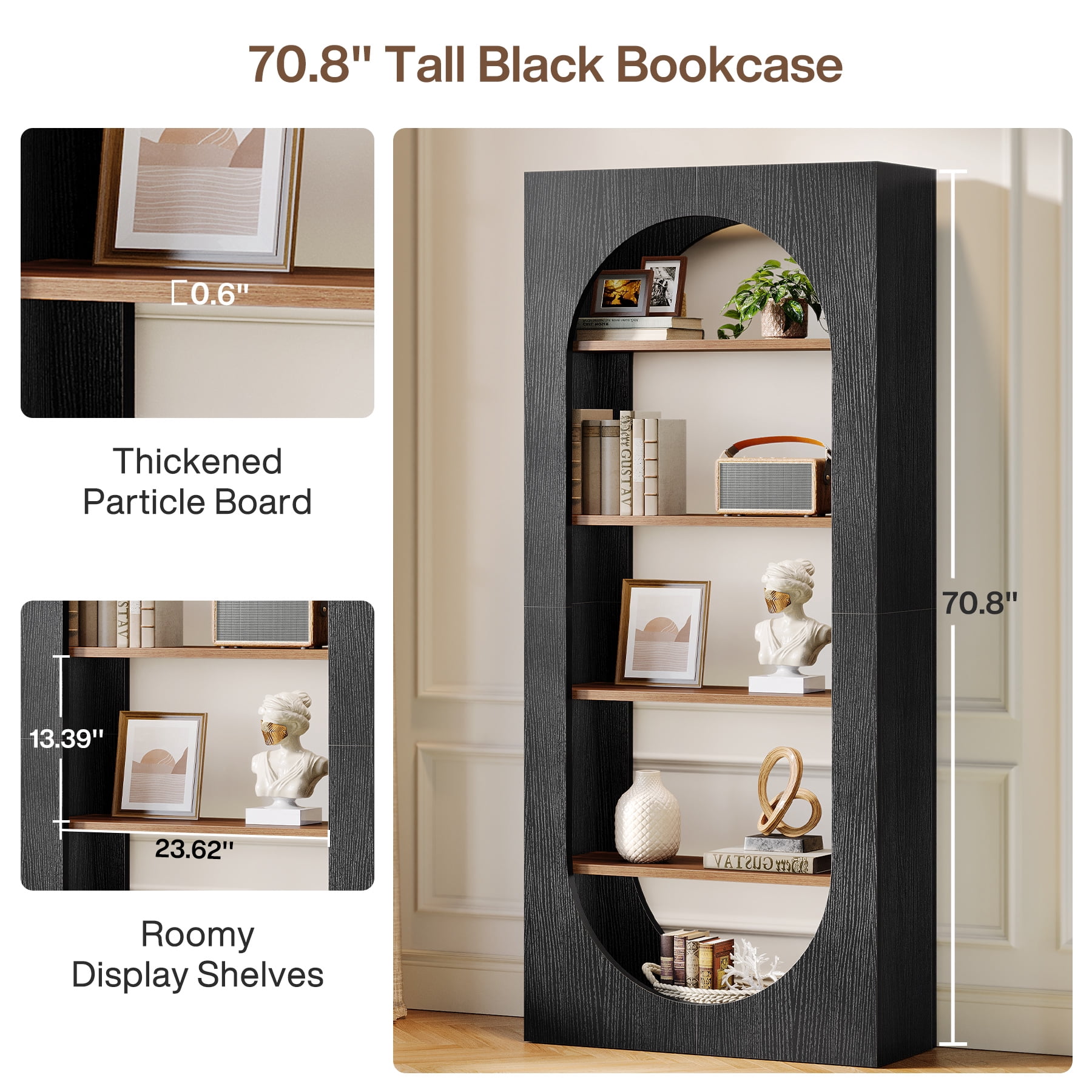 Tribesigns 70.87" Tall Black Arched Bookshelf, 5-Tier Arch Bookcase with Storage