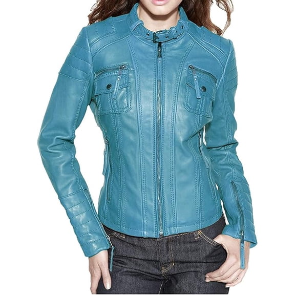 Womens Genuine Blue Lambskin Leather Jacket Motorcycle Biker Leather Jacket W636