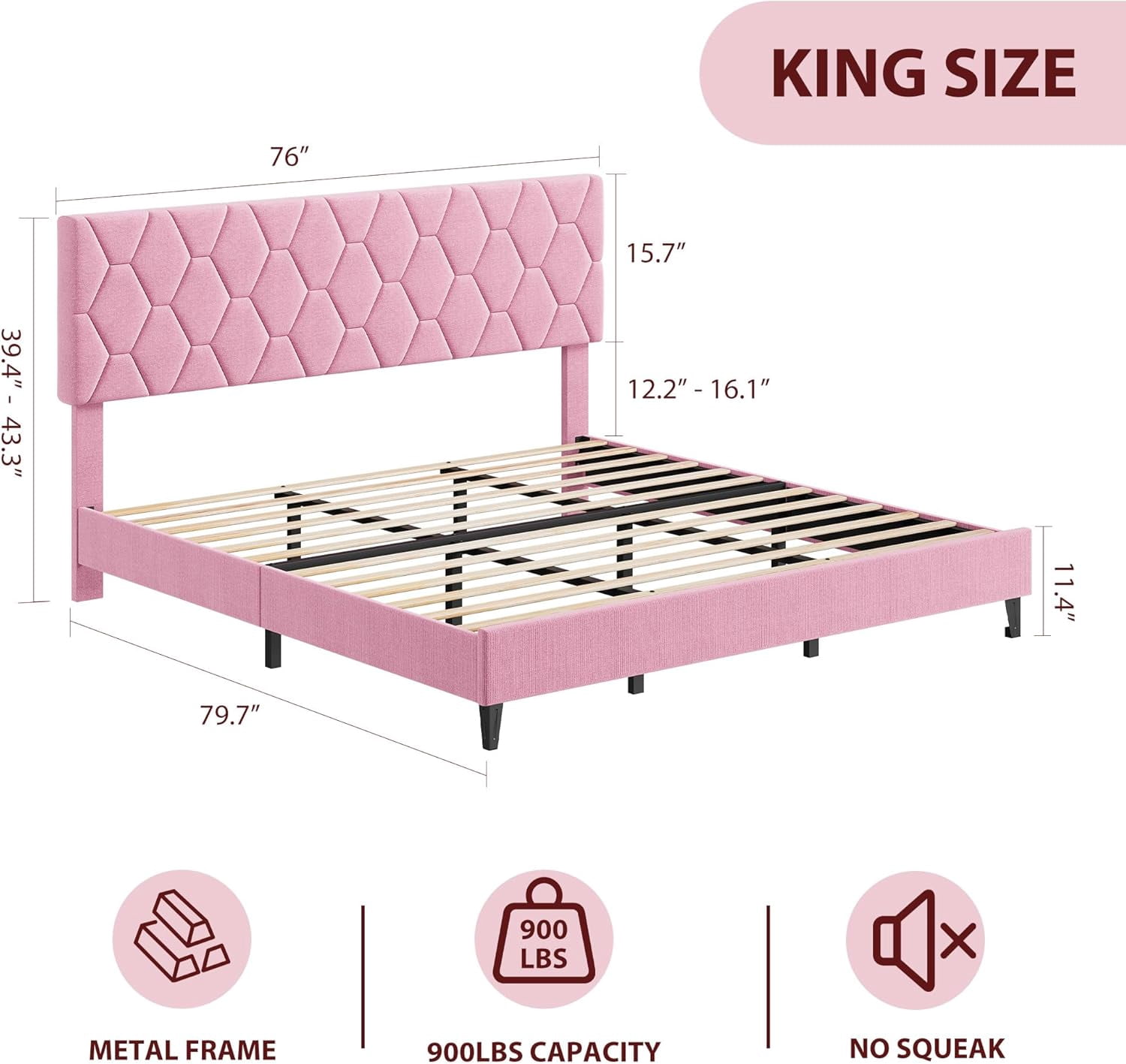 IDEALHOUSE Pink King Bed Frame with Upholstered Headboard, Heavy-Duty Platform Bed Frame with Strong Wood Slats, No Box Spring Needed/Noise Free/Easy Assembly