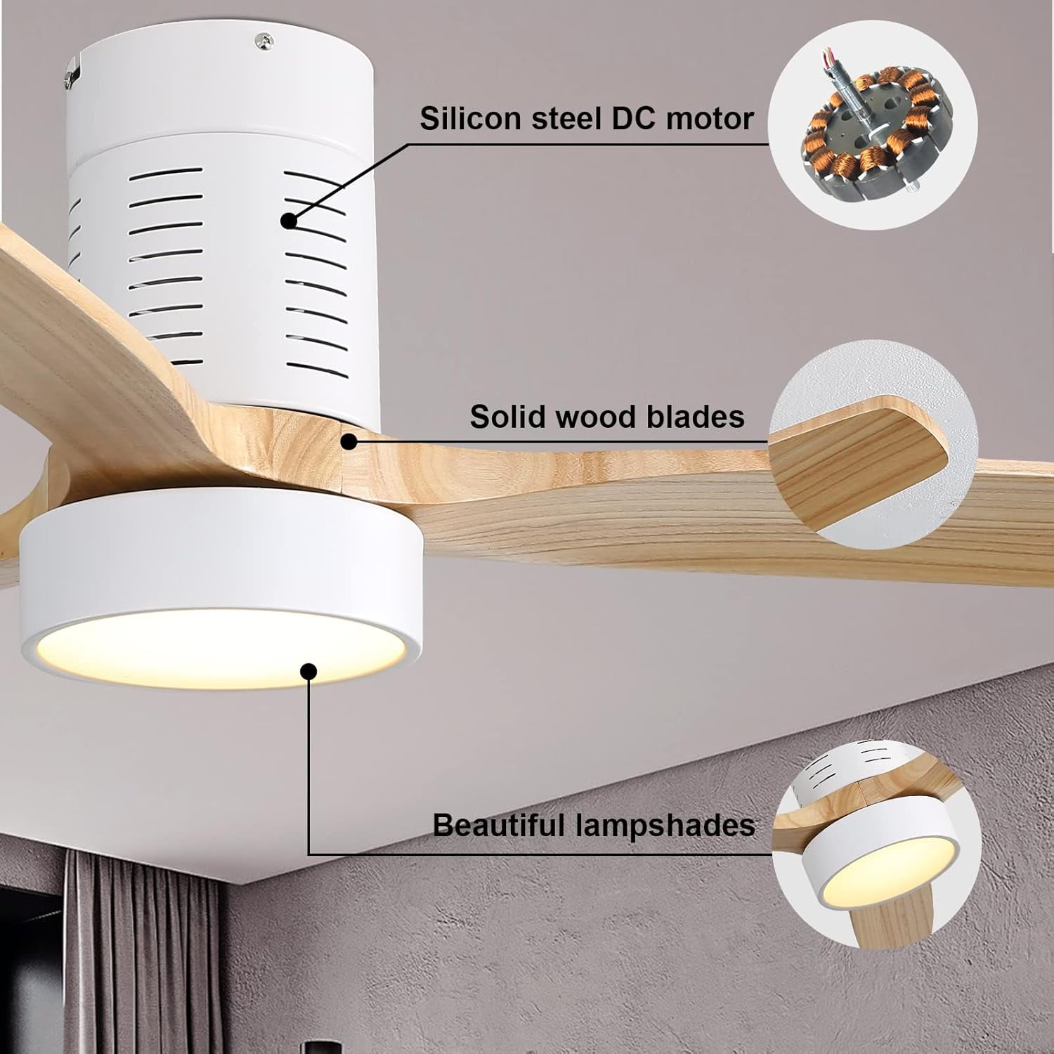 Sofucor 52 In Ceiling Fan Flush Mount Modern Wood Blades With Light Remote - 6 Speed, LED
