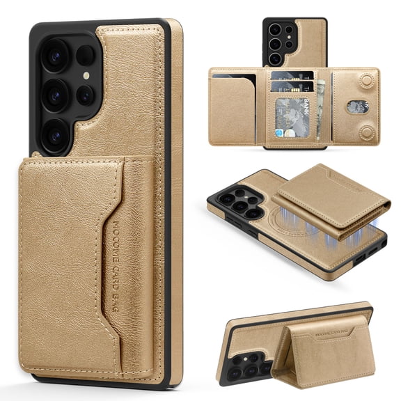 Wallet Case for Samsung Galaxy S25 Ultra Compatible with Mag-Safe for Men Women, Detachable Magnetic 2-in-1 PU Leather Wallet Phone Case Cover with Folio Card Slot Holder, Desertgold