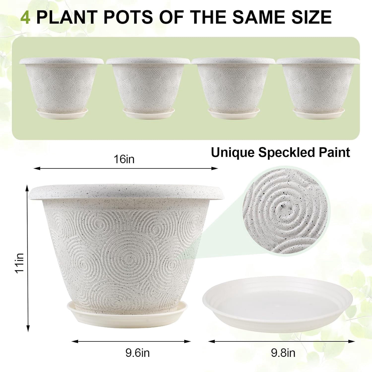 DEA Plastic Flower Pots Planters for Indoor Plants,4 Pack 16 Inch White Plant Pots with Drainage Hole&Tray,Modern Decorative Large Plant Pot with Saucer for Indoor Outdoor Plants Garden House Planter