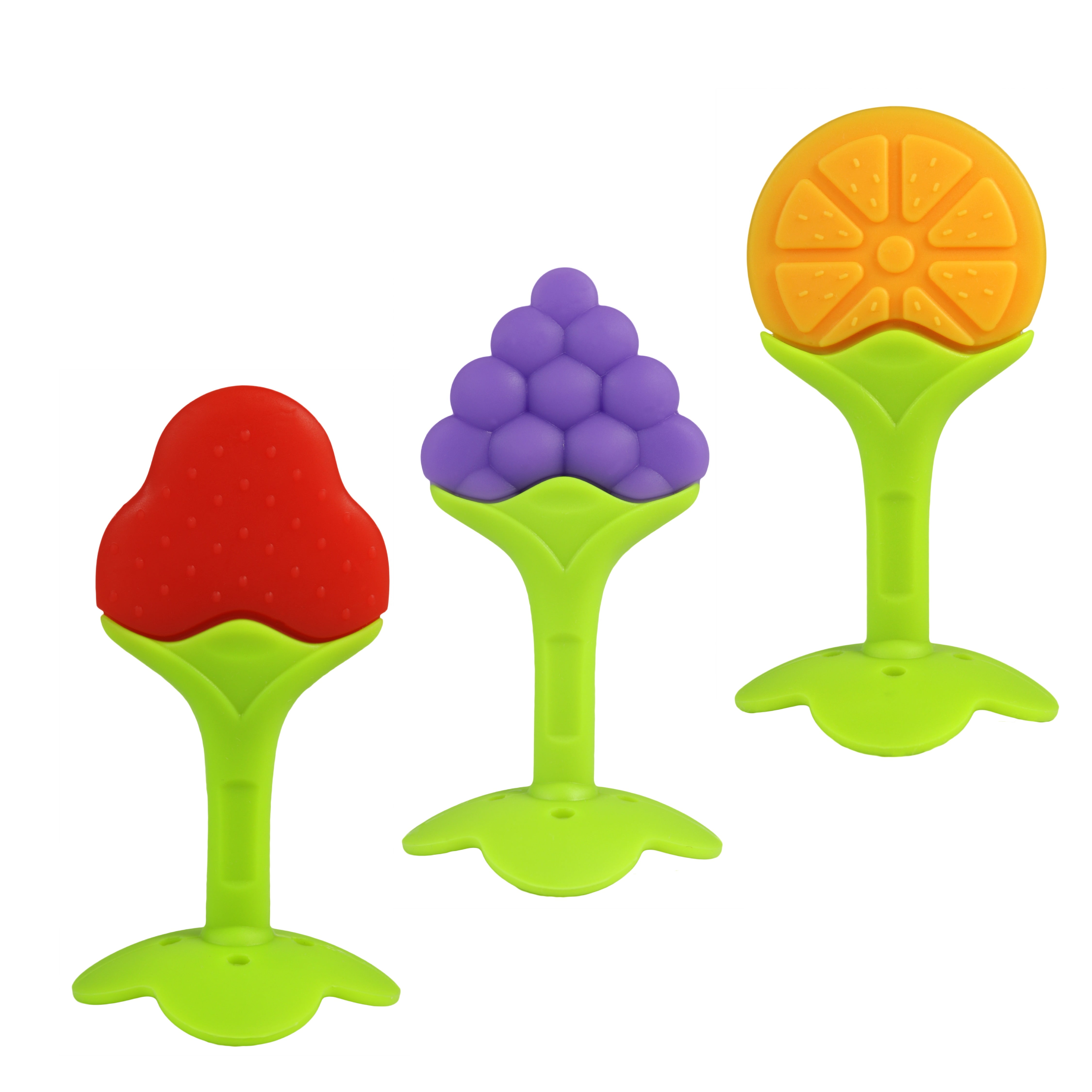 RaZbaby Teething & Massaging Toy Teether: (3-Pack) Fruit Set Chew Toys | Soothes Soar Gums | Food Grade Soft Safe BPA-Free Silicone | Babies Toddlers Infants | Freezer Safe | Perfectly Sized for Baby