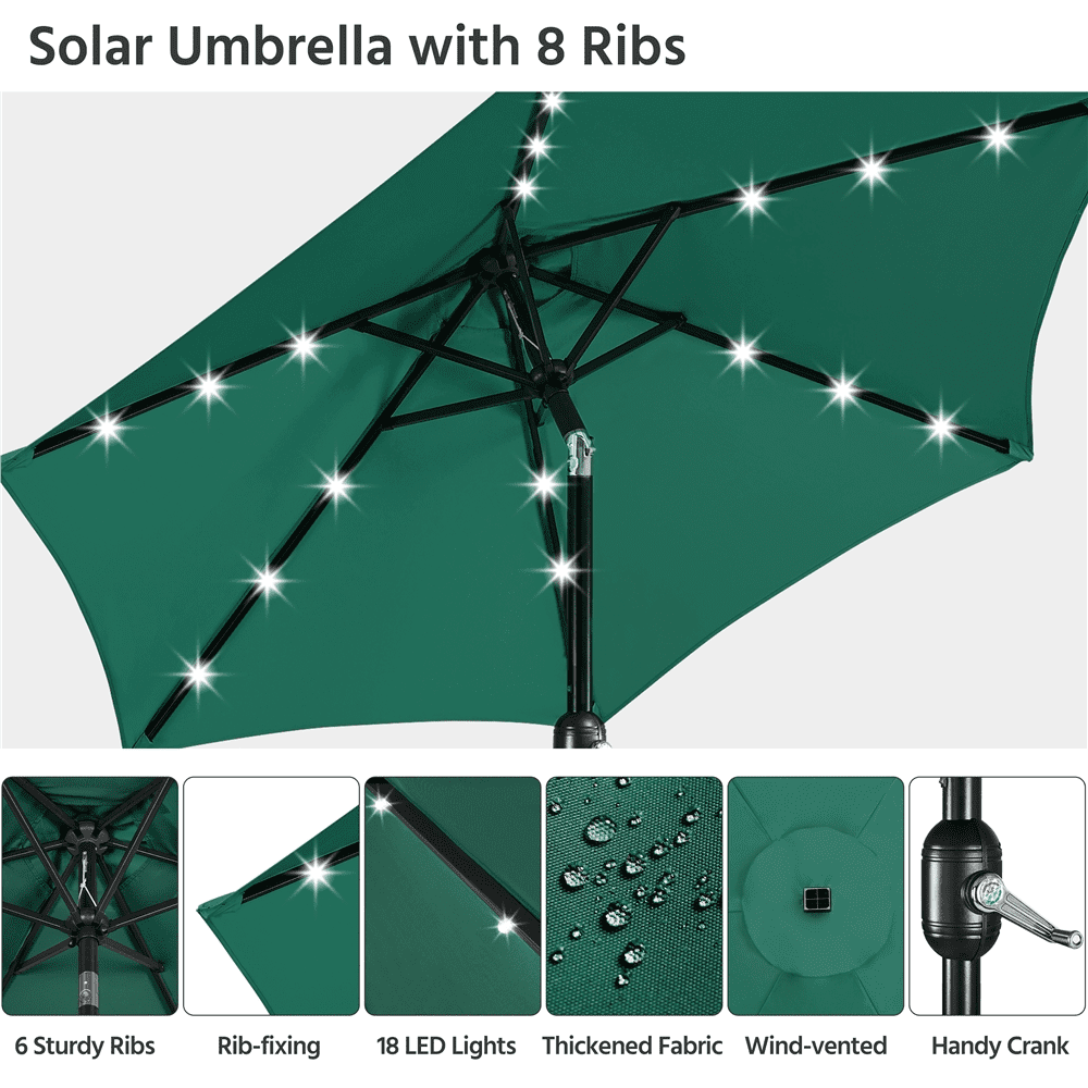 Renwick 7.5FT Patio Umbrella with Base Stand and LED Solar Lights, Dark Green